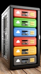 Abstract Data Center Server Rack with Colorful Cloud Units