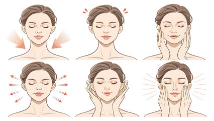 Woman performing facial massage routine for healthy skin and relaxation illustration set of six poses