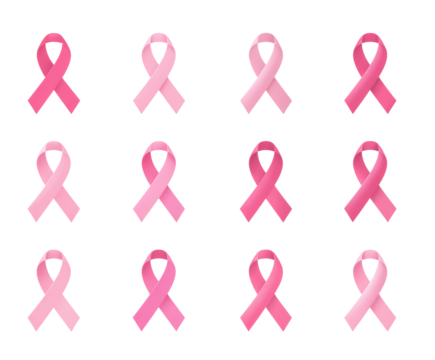 Pink ribbons arranged on a black background, representing breast cancer awareness.