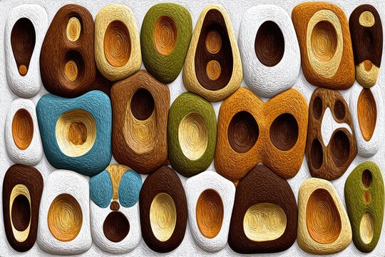 Abstract patterned wall design with textured, colorful, organic shapes