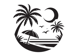 palm tree and a beach scene logo silhouette vector,  palm tree silhouette beach scene design, tropical beach sunset scene with palm tree and ocean waves logo vector silhouette on white background