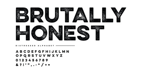 Brutally Honest: Rough and raw uppercase grunge font with a worn-out texture. A distressed style perfect for posters, underground branding, or rebellious design. Vector typography set.