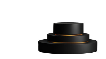 Elegant three tier black display podium, golden accents, on transparent background