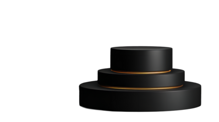 Elegant three tier black display podium, golden accents, on transparent background