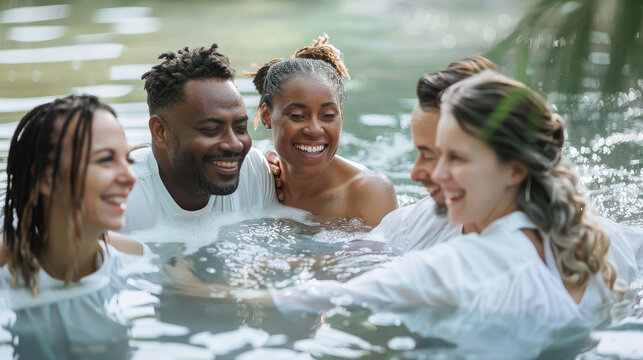 Group baptism of Baptists, several happy smiling people, white and black, in white clothes in a pond, baptism ceremony, Christian faith, religious sacrament