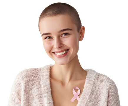 A happy woman with a pink ribbon shows breast cancer awareness and support.