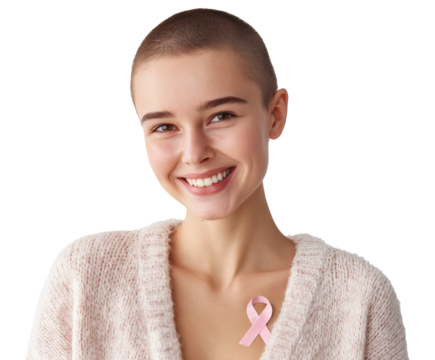 A happy woman with a pink ribbon shows breast cancer awareness and support. - Powered by Adobe