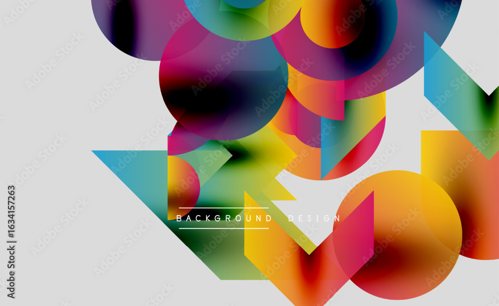 Poster abstract colorful shapes overlap, creating dynamic visual effect. gradient hues blend, forming moder