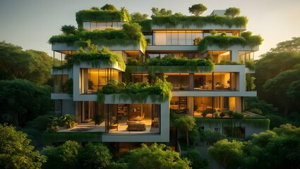 Modern eco friendly building with lush greenery and warm interior lighting