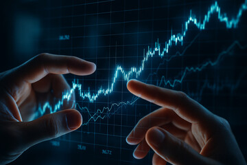 Hands Interacting with Holographic Financial Data Display  Futuristic Stock Market Graph, Glowing Tech Interface, Data Analysis Concept