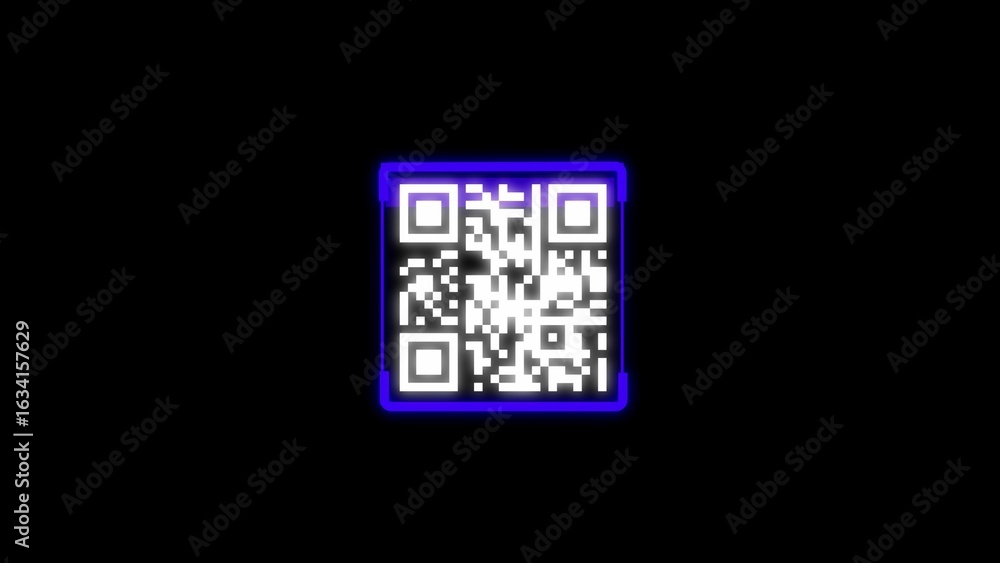 Poster illuminated q r code with blue border on black background digital data information technology concep