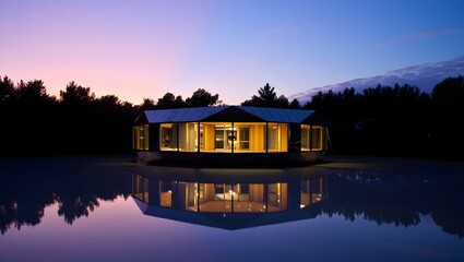Fototapeta premium Modern glass house reflects in calm water under a twilight sky