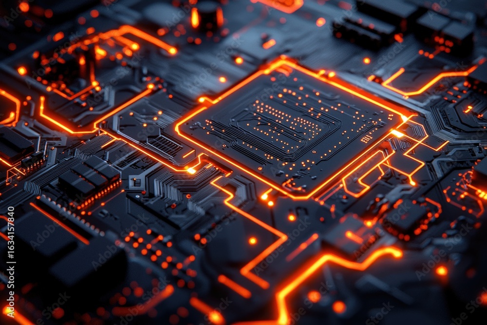 Poster futuristic glowing circuit board with illuminated pathways and electronic components
