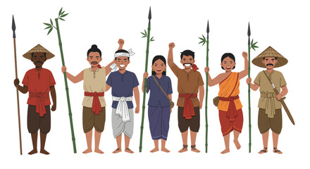 Fototapeta premium Diverse group of Southeast Asian farmers standing together in traditional clothing with bamboo and spears 