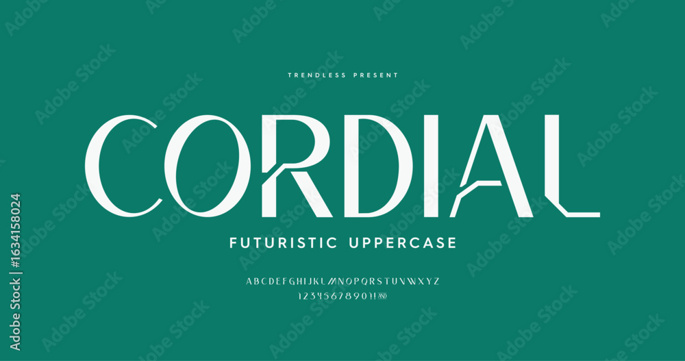 Poster cordial: a modern meets classic font featuring clean uppercase characters and numerals. versatile an