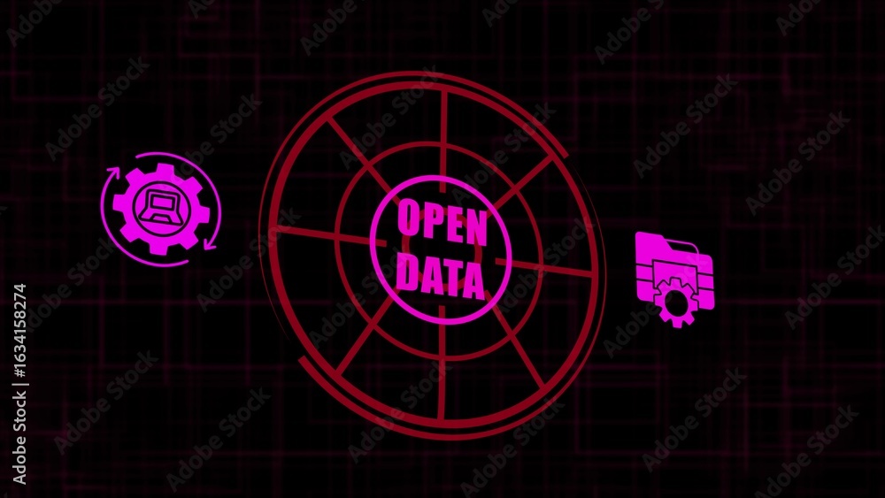 Poster open data concept illustration with pink icons and red target circle on black background