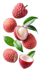 flying lychee fruit and half slices isolated on transparent white background, clipping path