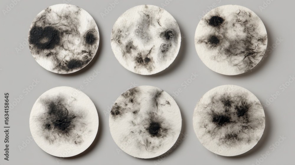 Poster a series of circular abstract artworks showcase dark, smoky patterns on a pale background, creating 