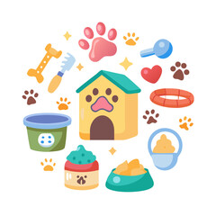 Cute vector icon sheet of pet and animal care essentials in playful flat design, perfect for vet clinics, pet shops, or mobile apps.