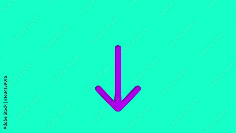 Poster purple downward arrow on turquoise background simple graphic element for directional guidance or nav