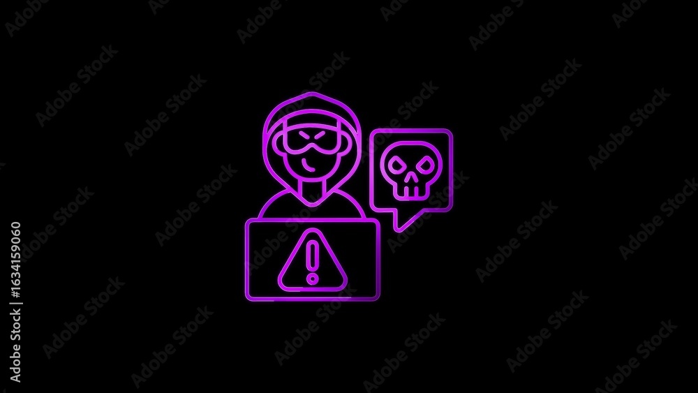 Poster purple neon hacker icon with skull speech bubble and laptop with exclamation mark on black backgroun