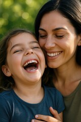 Daughter laughing joyfully with her mother outdoors, both sharing a happy and loving moment in natural light.

