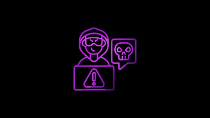 Purple neon hacker icon with skull speech bubble and laptop with exclamation mark on black background