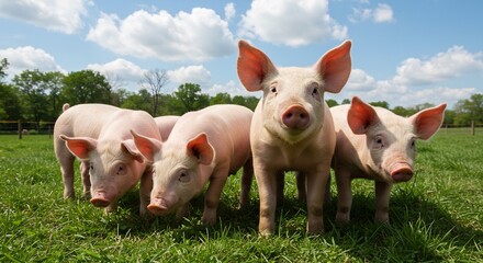 Adorable Pigs Grazing in a Lush Green Field Under a Bright Blue Sky with Fluffy Clouds, Piglets, Livestock, Farm Animals