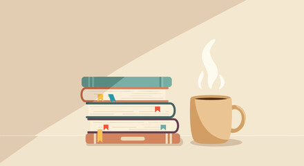 Flat illustration of a neat book stack next to a steaming coffee mug, with bookmarks peeking out and gentle morning light