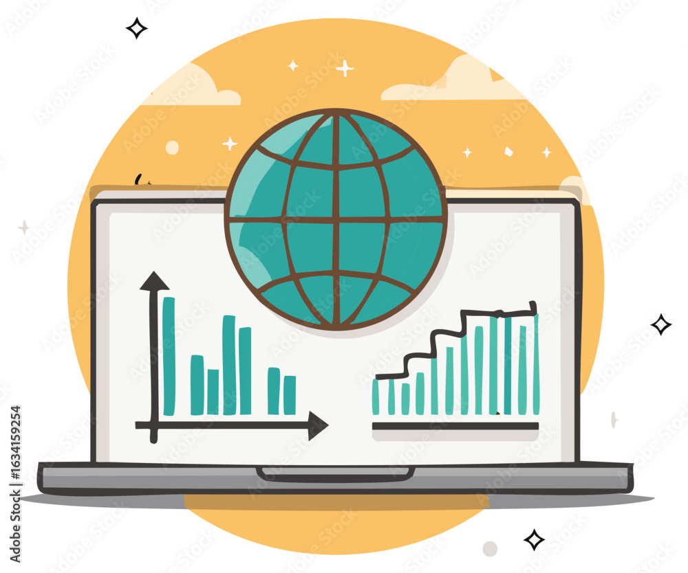 Aufkleber laptop with charts, graphs and world globe, financial data analytics display