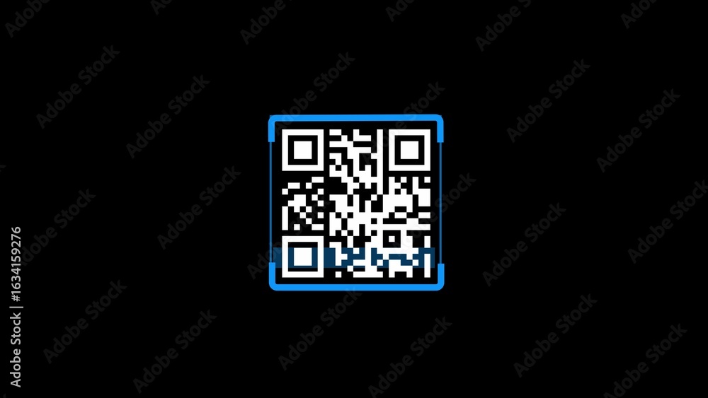 Poster q r code with blue border on black background showing pixelated white and black squares