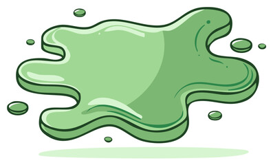 Green cartoon slime splat or spill illustration with isolated droplets