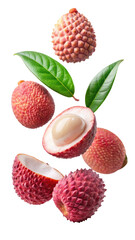 flying lychee fruit and half slices isolated on transparent white background, clipping path