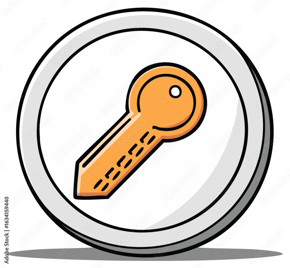 Poster simple orange key icon in a white circle with a gray border and shadow