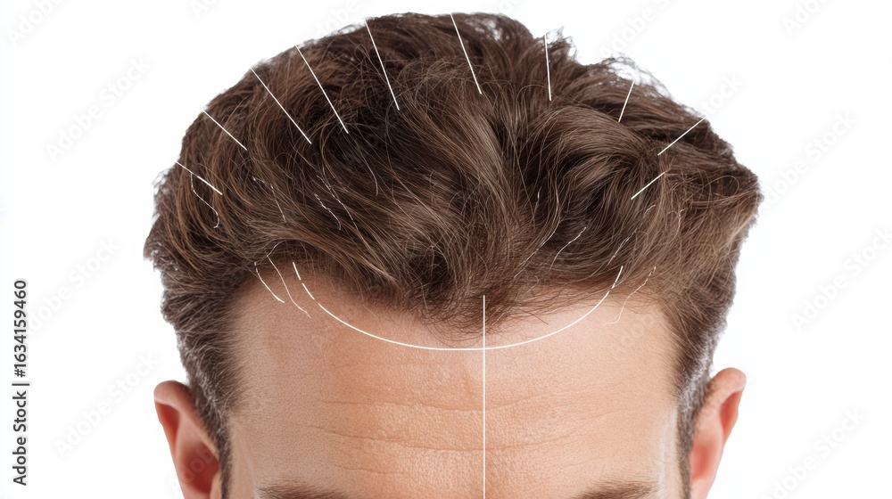Poster diagram illustrating scalp tightening procedure for upper head with detailed lines and blank area
