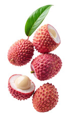 flying lychee fruit and half slices isolated on transparent white background, clipping path