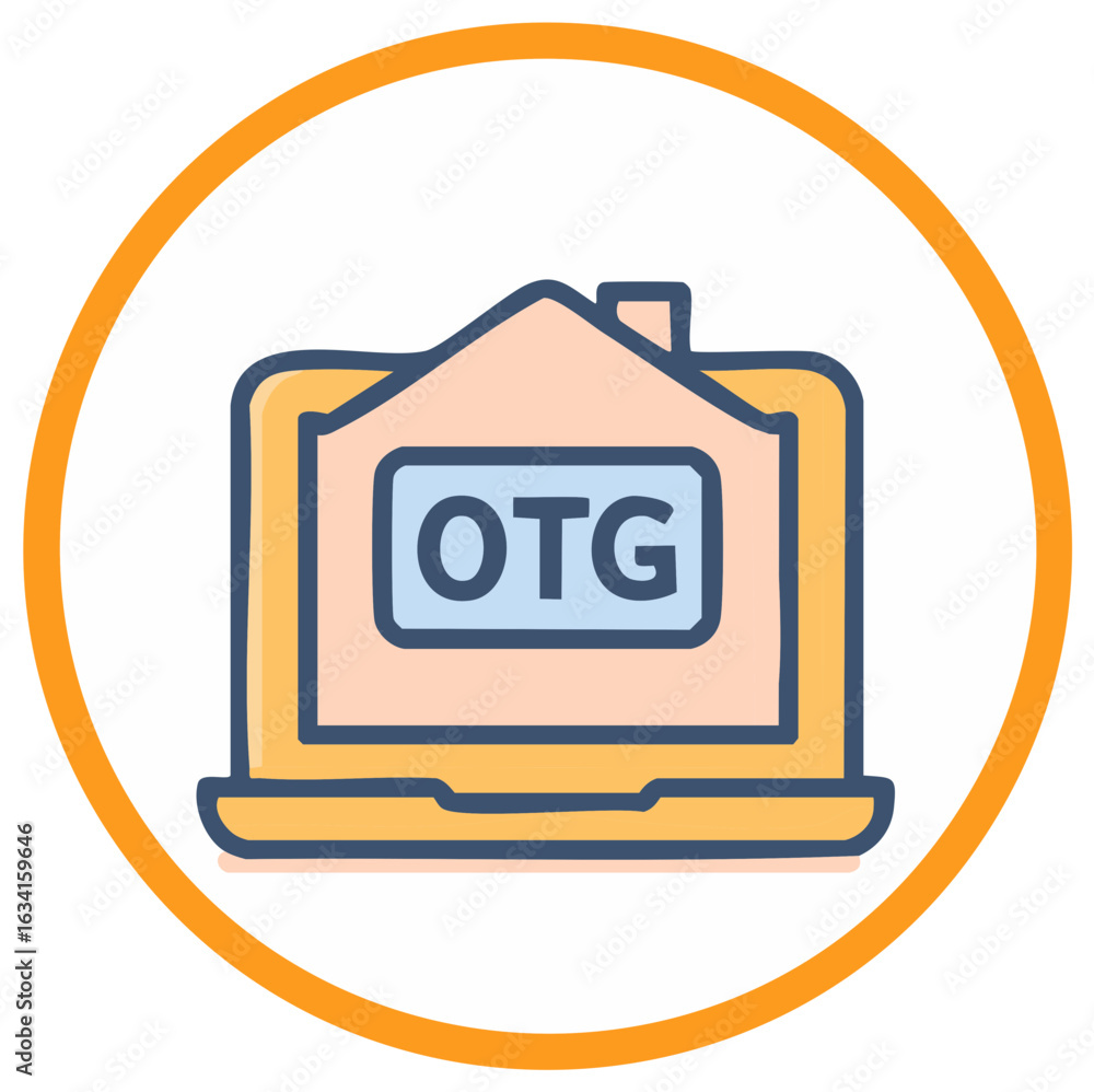 Poster digital house concept with laptop screen displaying otg symbol inside a circle.