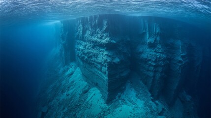 Obraz premium Underwater Canyon with Cascading Blue Density Layers, Liquid Avalanche Revealed Through Sonar Ripples – Oceanographic Art