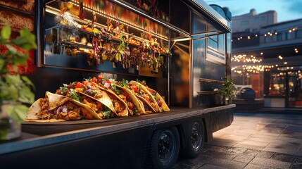 Colorful and Flavorful Tacos Displayed at Food Truck at Dusk