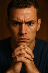 Serious man with furrowed brow focusing intently, hands clasped in front of his face, showing deep concentration in a close-up portrait.

