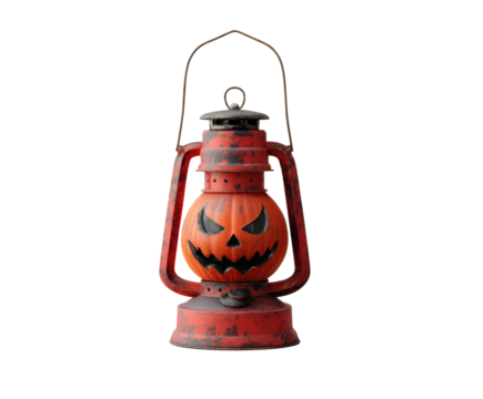 A spooky Halloween jack o' lantern glows inside a vintage red lantern. - Powered by Adobe