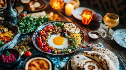 Fototapeta premium Colorful and Vibrant Breakfast Table with Eggs and Fresh Ingredients