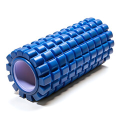Blue foam roller massager for exercise fitness gym workout training muscle recovery therapy physical health sport activity equipment isolated on white background