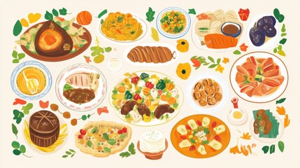 Colorful Arrangement of Diverse Dishes for Festive Gathering