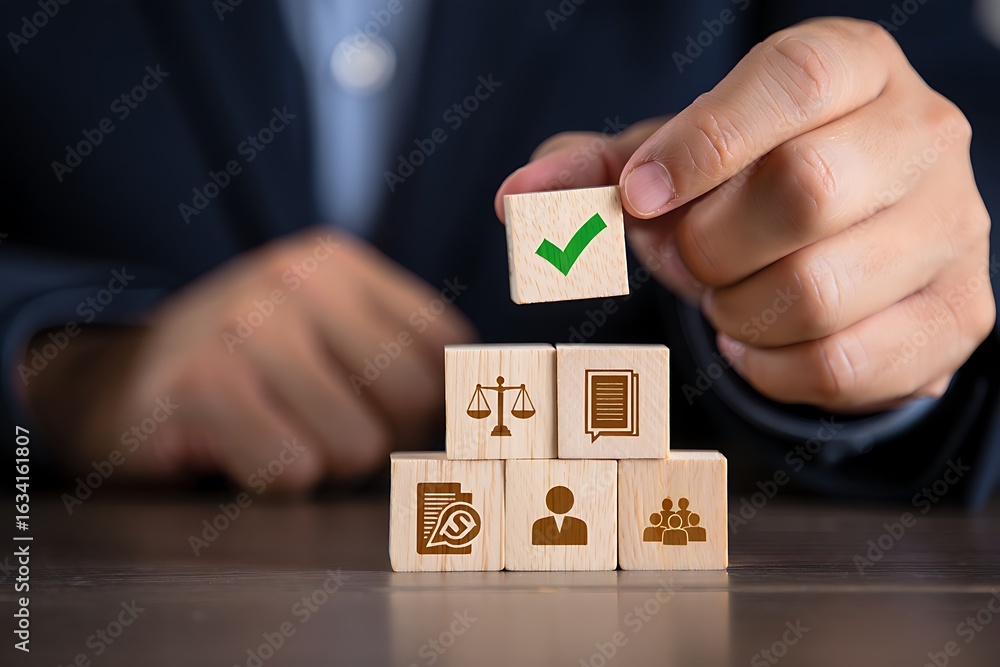 Poster a person s hand places a block with a green checkmark on top of a stack of wooden blocks representin