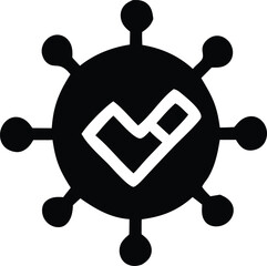 Stylized black and white icon representing a virus with a checkmark symbol inside a heart shape