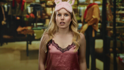Fototapeta premium Blonde woman in nightwear with a pink sleep mask stands in a clothing shop setting, expressing curiosity amidst the stylish displays and colorful outfits.