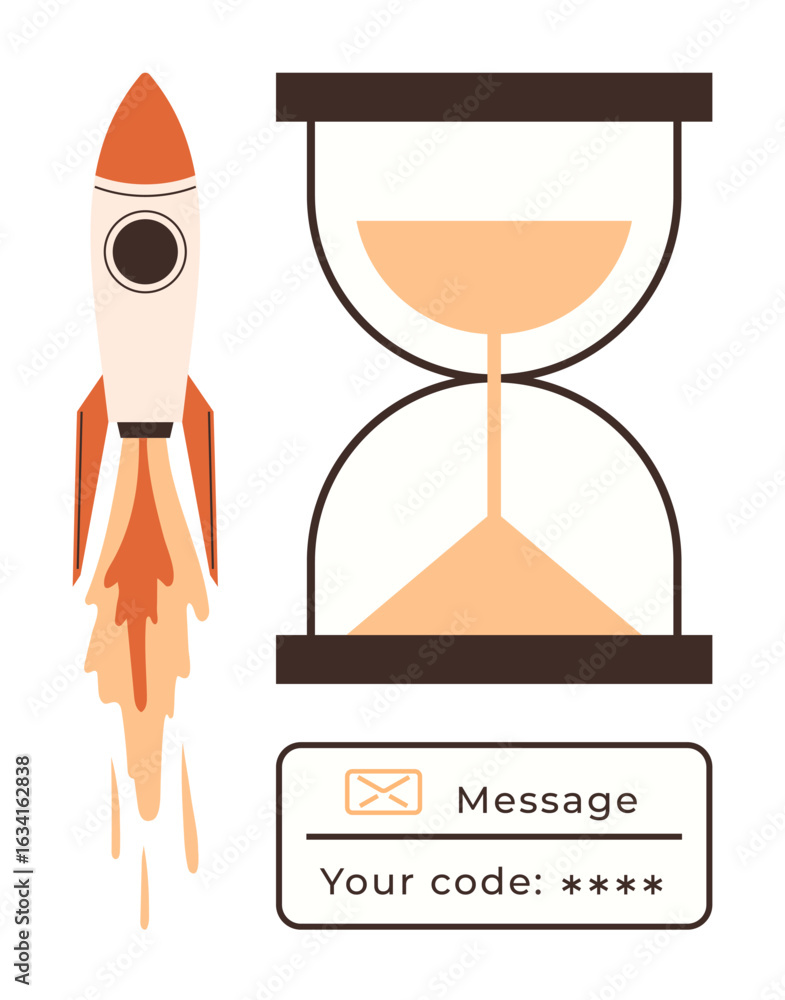 Poster rocket blasting off near hourglass and secure message code panel highlights time-saving, efficiency,