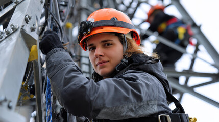 Young female technician wearing orange safety helmet and black gloves working metal tower structure with confident expression