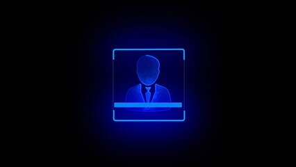 Blue glowing silhouette of a person in a suit within a rectangular frame on a black background